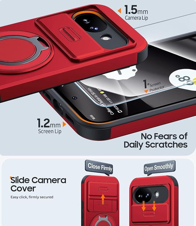 JAME for Google Pixel 10A Case with Ring Stand & Slide Camera Cover Red | Ring Holder Kickstand, Screen Protectors, Dual-Layer Shockproof Protective, Magnetic Accessory Friendly Phone Case, Red - Image 5