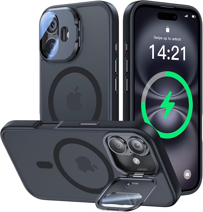 VOFATA [Upgraded] for iPhone 16 Case with Camera Cover Stand [Fit for MagSafe][9H Camera Lens Protector] Mil-Grade Protection Translucent Matte Silicone Magnetic iPhone 16 Phone Case, Black by VOFATA