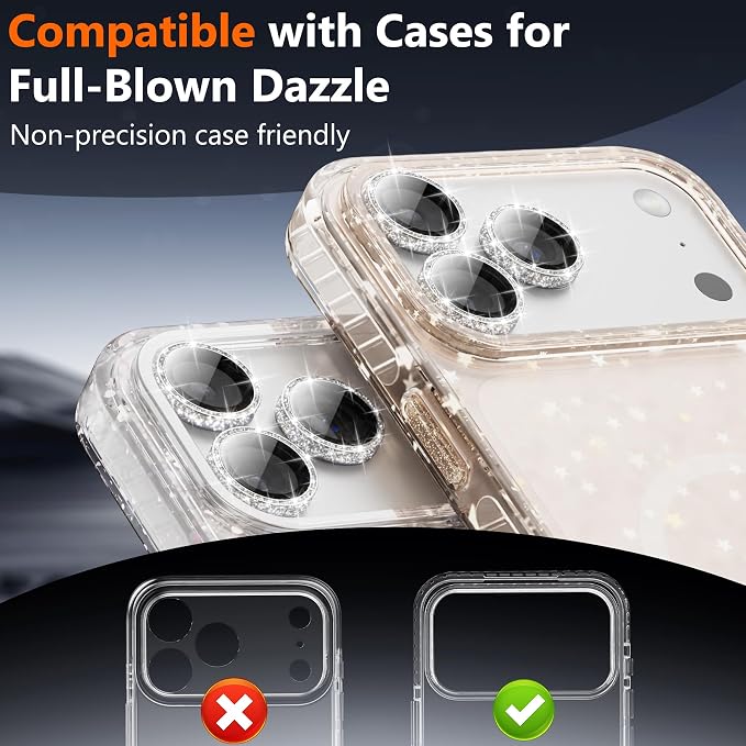 YWXTW [All-Over Glitter Camera Lens Protector for iPhone 17 Pro Max/17 Pro/16 Pro Max/16 Pro/15 Pro Max/15 Pro/14 Pro/Max, 9H Tempered Glass Camera Cover, Anti-Scratch Case Friendly (Titanium Silver) - Image 5