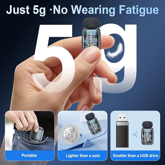 Wireless Lavalier Microphone 3-Level Noise Cancellation for iPhone | Ultralight(5g), Clear Voice, 50M Range, Plug-Play Mini Lav Mic for Android PC, TikTok, YouTube, Video Recording, Black - Image 4