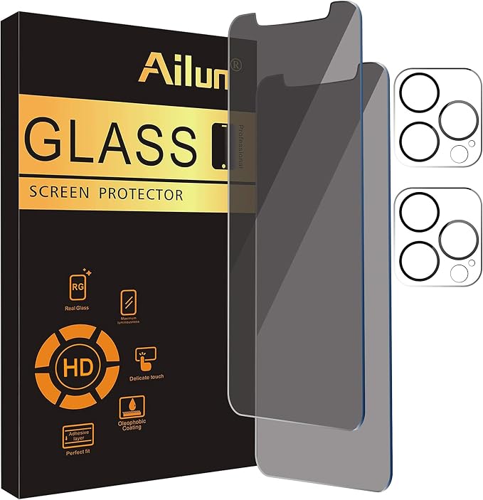 Ailun Privacy Screen Protector+Camera Lens Protector for iPhone 12 Pro | 2+2 Pack, 6.1 inch, Anti Spy Private Tempered Glass Film, HD by Ailun