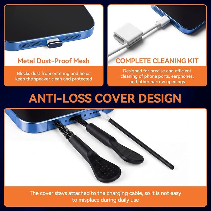 Tellegloww 22 Pcs Phone Cleaning and Protection Kit compatible with 17 Pro/17 Pro Max, Speaker Dust Mesh, Type C Port Cover, Camera Lens Protector, Camera Button Cover, Brushes and Tools Set(Blue) - Image 4