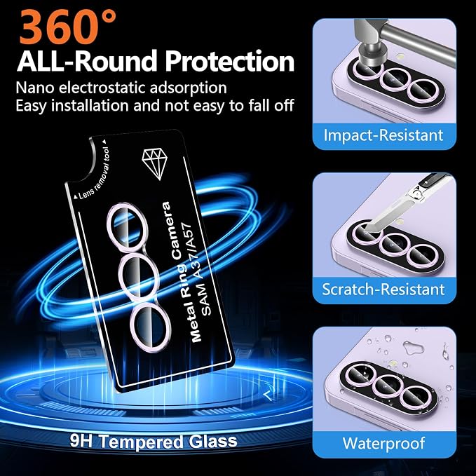 for Samsung Galaxy A37/A57 Camera Lens Protector, Individual Metal Ring Tempered Glass Lens Cover, [Strong Adsorption] Scratch Resistant Ultra-Thin HD Clear Lens Cover, 1 Set-Purple - Image 2