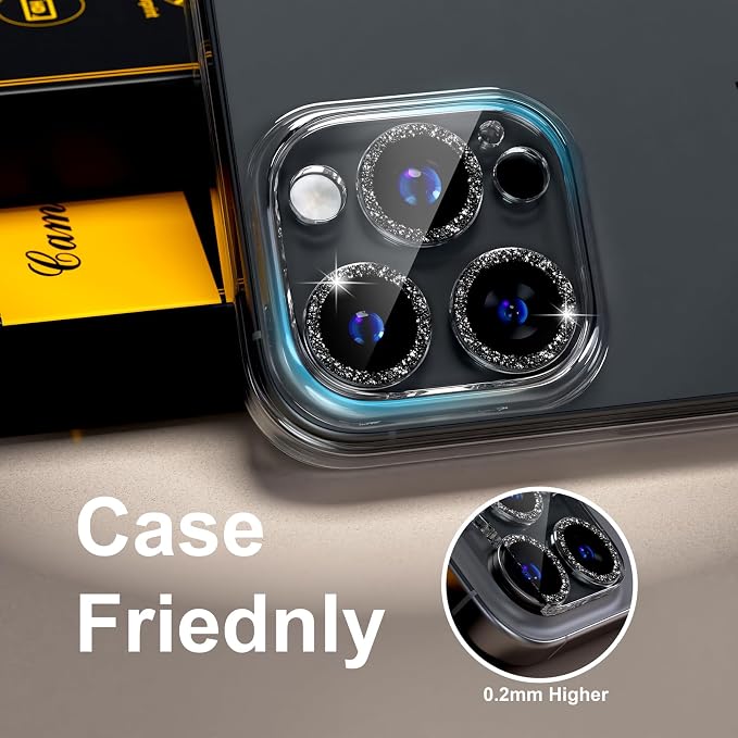for 6 Pack iPhone 15 Pro/iPhone 15 Pro Max Camera Lens Protector [Drop Protection] [Case Friendly] [Easy Installation] 9H Tempered Glass Camera Screen Protector Cover, Glitter Black - Image 5