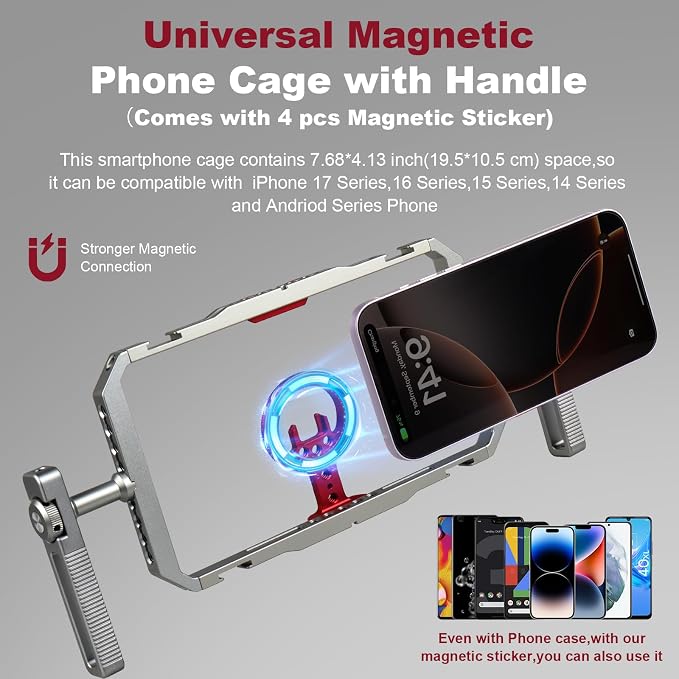 Magnetic Phone Cage with Handle,Smartphone Cage Kit with 360° Rotation Handgrip and Magnetic Sticker for Photography,Compatible with iPhone 17/16/15/14/13 Series and Andriod Phones (Silver+Red) - Image 2