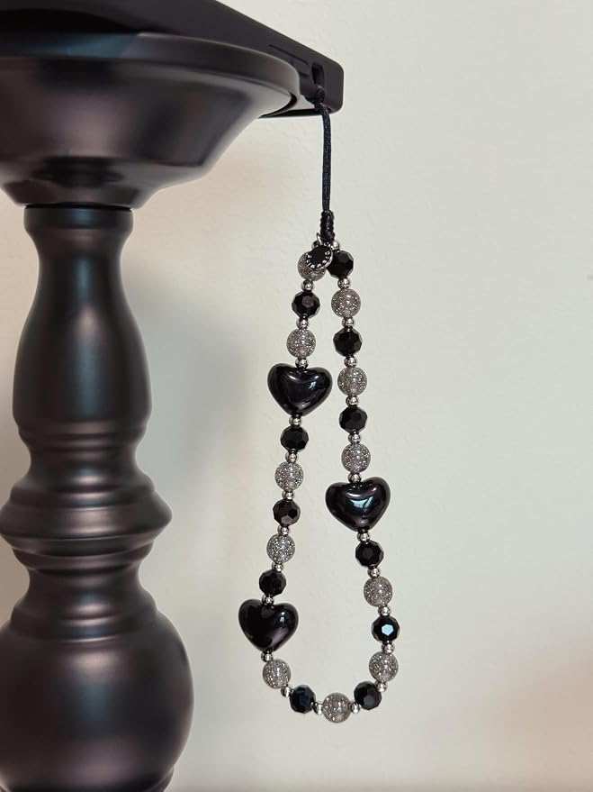 Drawwind Phone Charm Beaded Wristlet Strap Universal Cell Phone Lanyard Cute Bracelet Wrist Strap Beaded Chain String Handmade Accessories for Case Camera Bags (Black Hearts) - Image 4
