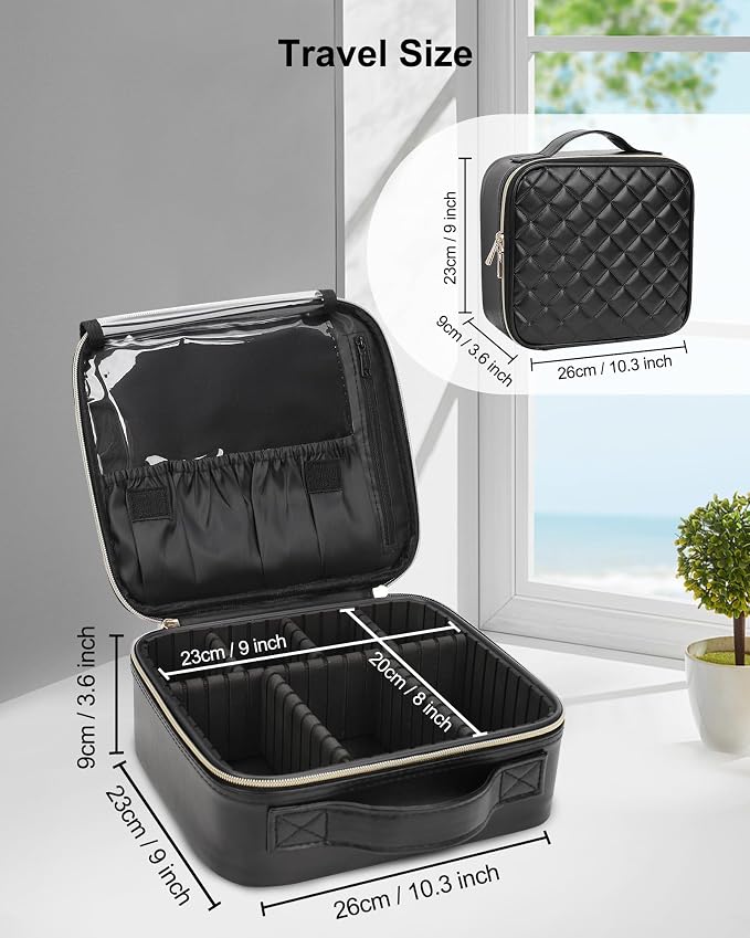 Relavel Makeup Bag, Travel Cosmetic Train Case Organizer Portable Artist Storage Bag with Adjustable Dividers for Cosmetics Makeup Brushes Toiletry Jewelry Digital Accessories Quilted Leather Black - Image 4