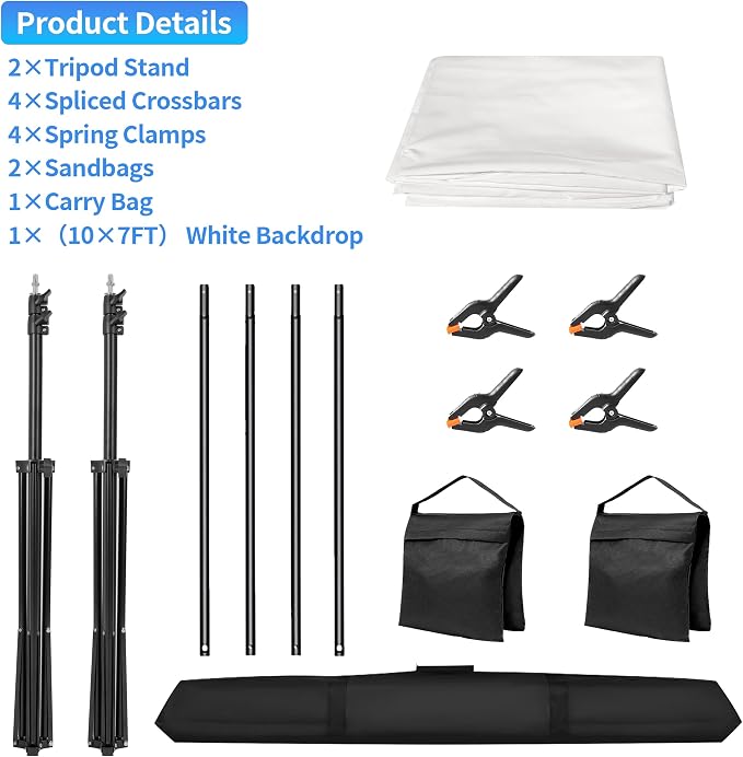 Adjustable Photography Backdrop Stand Kit 10x7ft(W*H)– Photo Studio Background Support with 4 Crossbars, 4 Clamps, 2 Sandbags (with 10 * 7 Feet White Backdrop Curtain) - Image 3