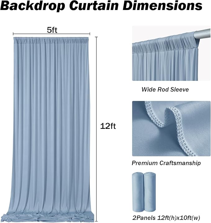 10x12 ft Dusty Blue Backdrop Curtains for Weddings, Birthdays and Photos | 2 Panels 5x12 ft, Wrinkle-Free Polyester Drapes, Washable, Ironable, 4 in Rod Pocket for Baby Showers Photography Background - Image 7