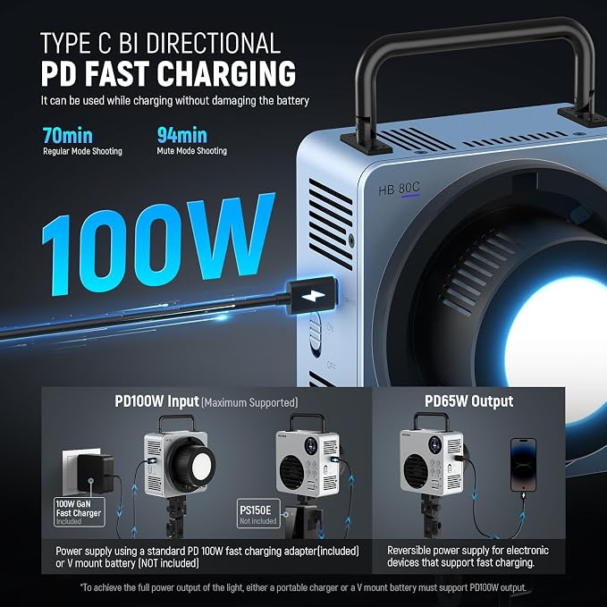 NEEWER 80W RGBWW LED Video Light with 72Wh Battery, 100W PD Fast Charger, APP/2.4G Control, 10400lux/m 2500K-7500K, Mini RGB Bowens Mount Studio Photography Recording Continuous Output Lighting, HB80C - Image 4