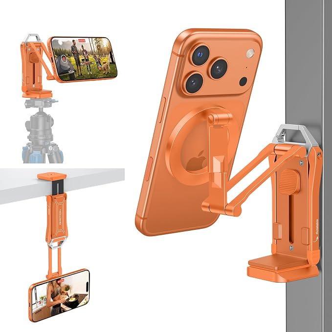 OMOTON TP02-Pro 5 in 1 Magnetic Phone Holder for Vlogging Essentials,Orange | Arca-type Base with a 1/4" Screw Hole, Magnetic Ring with Rear Attachment Plate, for iPhone 12-17 Series, Gym Kitchen Travel by OMOTON