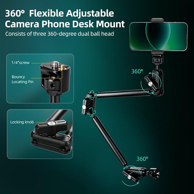 22" Magic Arm Clamp, Overhead Phone Mount Holder Stand, Flexible Desk Camera Mount, Articulating Friction Boom Arm with 1/4" 3/8" Threads for Phone, DSLR, Action Camera,Filming, Light, Webcam, Mic - Image 3