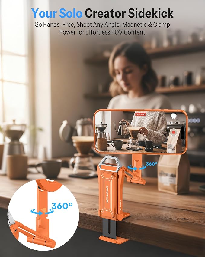 OMOTON TP02-Pro 5 in 1 Magnetic Phone Holder for Vlogging Essentials,Orange | Arca-type Base with a 1/4" Screw Hole, Magnetic Ring with Rear Attachment Plate, for iPhone 12-17 Series, Gym Kitchen Travel - Image 3