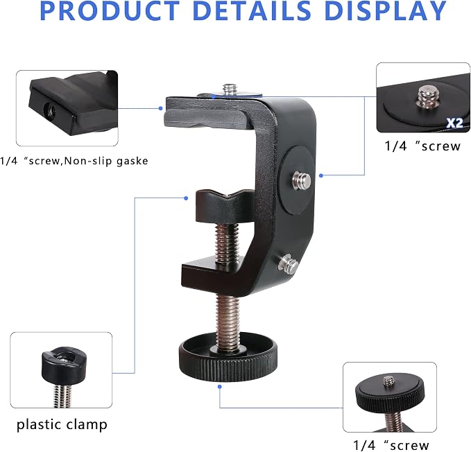 C Clamp Camera Clamp Mount with 1/4" Screw for Photo Studio Video DSLR,Cameras, Light Stand, Desk, Rods, Hooks, Shelves, Cross Bars - Image 2
