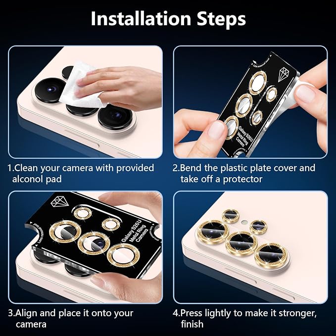 for Samsung Galaxy S26 Ultra Camera Lens Protector, Individual Metal Ring Tempered Glass Lens Cover, [Strong Adsorption] Scratch Resistant Ultra-Thin HD Clear Lens Cover, 1 Set-Gold Sparkly - Image 7