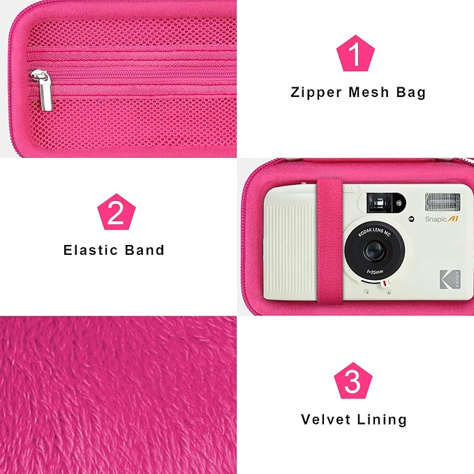 Canboc Carrying Case for KODAK EC35/ KODAK EKTAR H35 Film Camera, Rosered | For H35N/ KODAK Snapic A1 Camera, H35/ EC35 Film Camera Bag, Zipper Mesh Pocket fits Batteries, Cable, Case Only - Image 5