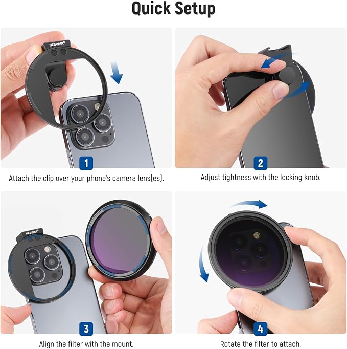NEEWER 67mm Clip On Variable ND2-ND32 Phone Lens Filter Kit, Phone Clip with Magnetic Adapter Ring/Cold Shoe/Locking Knob, HD Magnetic ND Filter for iPhone 15 Pro Max 14 13 Galaxy S22 S23 S24 Ultra - Image 6
