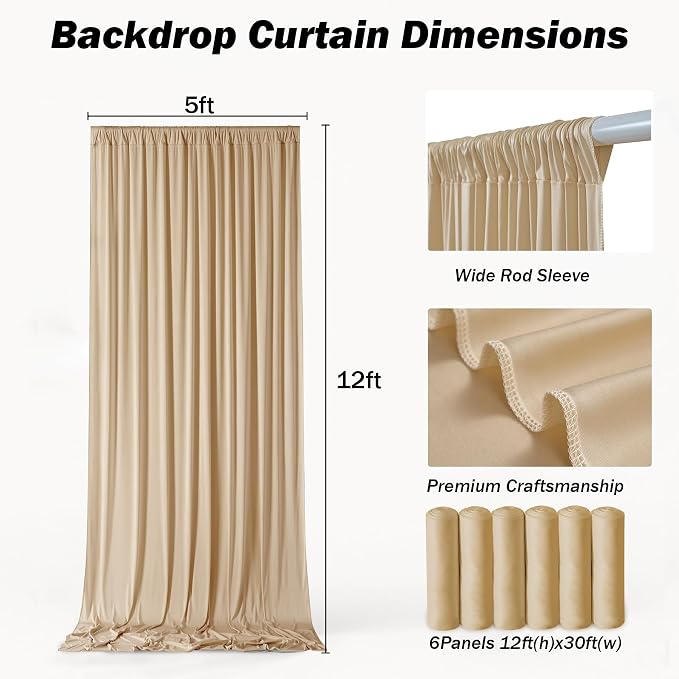 30x12 ft Champagne Backdrop Curtains for Weddings, Birthdays and Photos | 6 Panels 5x12 ft, Wrinkle-Free Polyester Drapes, Washable, Ironable, 4 in Rod Pocket for Baby Showers Photography Background - Image 5