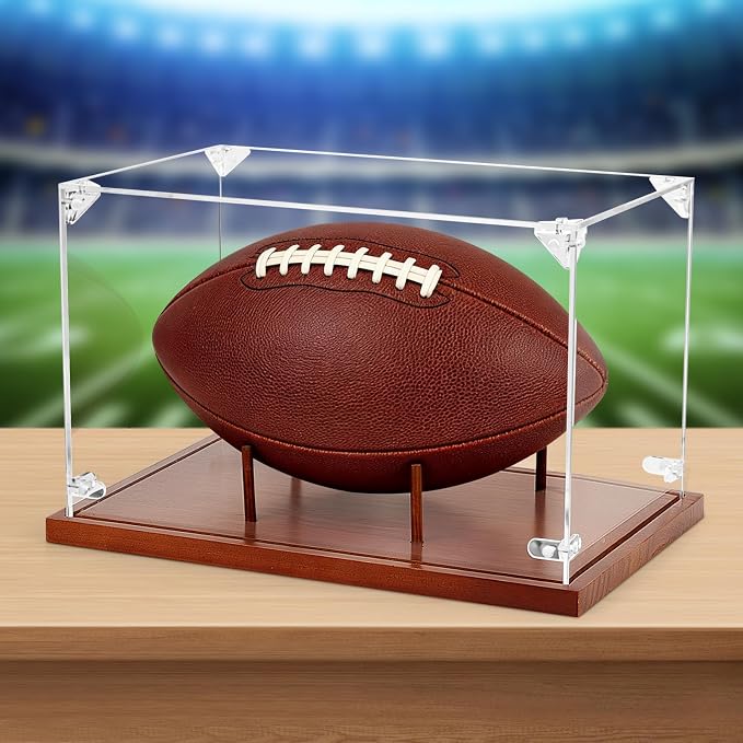Clear Acrylic Football Display Case with Wood Base & Tee, Memorabilia Stand Cube Holder, Dust Protection Transparent Storage Box for Single Ball Souvenir Football Collections - Image 3