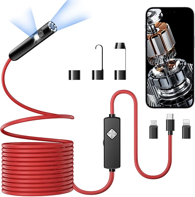 Endoscope with Light, 1920P HD Borescope with 8 Adjustable LED Lights, Semi-Rigid Snake Camera, IP67 Waterproof Inspection Tool (16.4ft, Red Harness + Dual Lens) by Unknown