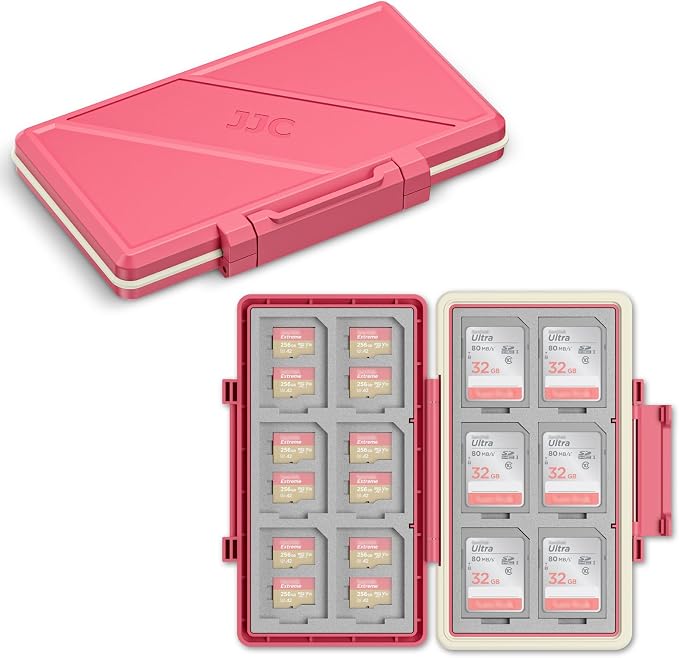 Hot Pink Memory Card Case Micro SD TF SD Card Case Storage Holder Wallet | Compact Micro SD Card Holder Box for 24 Micro SD SDXC SDHC TF Cards and 12 SD SDXC SDHC Cards, Ergonomic Locking Systerm by JJC