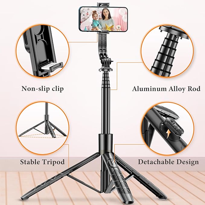 62" Aluminum Alloy Selfie Stick Phone Tripod with Wireless Remote Compatible with iPhone 17 16 15 14 13 pro Xs Max Xr X, Android/Samsung Smartphone Expandable for Travel Selfies Video Recording Vlog - Image 2