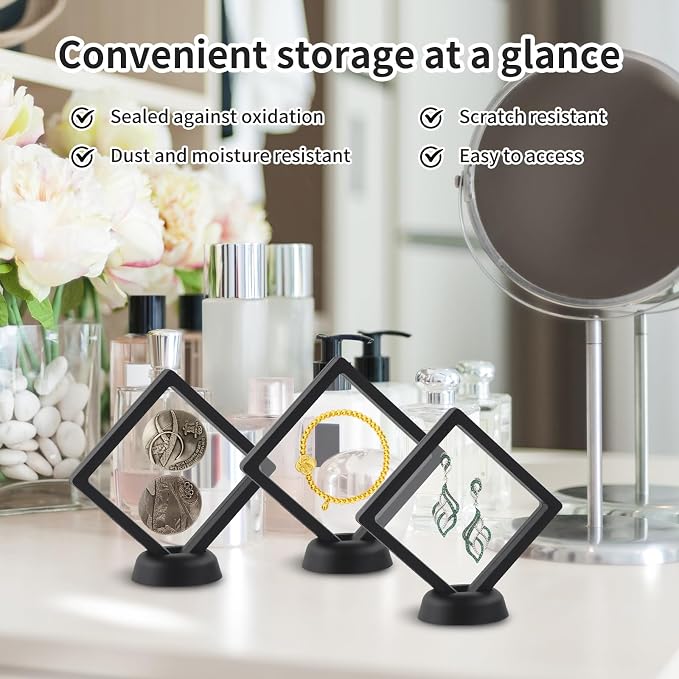 20 Pcs Black Floating Frame Case with Stands, 3.5X 3.5 x 0.8 inch, Challenge Coin Display,Transparent PE Jewelry Storage Box, Floating Display Holder Stands for Antique Challenge Coins, Medallion - Image 5