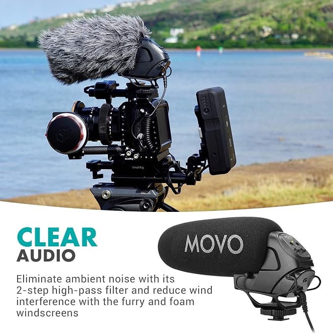 Movo VXR3031 Shotgun Microphone - Supercardioid On-Camera Shotgun Mic with 2-Step High-Pass Filter, 3-Stage Audio Level Control, Headphone Monitoring Input + More - Image 2