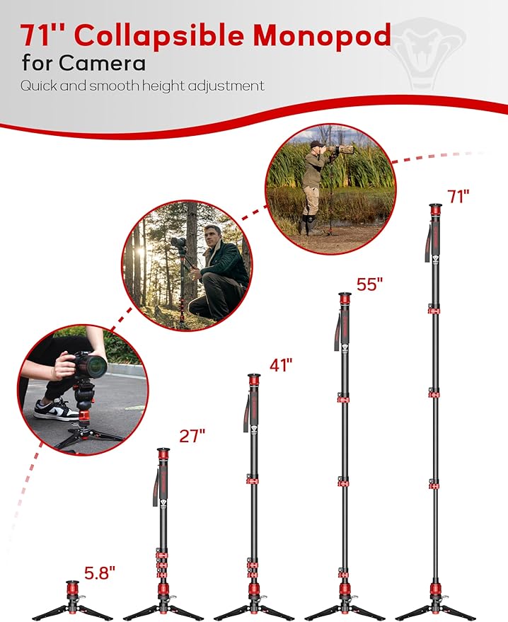 IFOOTAGE Cobra 3 C180F-P Carbon Fiber Camera Monopod 71" | Travel Monopod with Feet, 1/4" & 3/8" Quick Release Compatible with Sony Canon Nikon DSLR Camera, Payload 17.6lb - Image 5