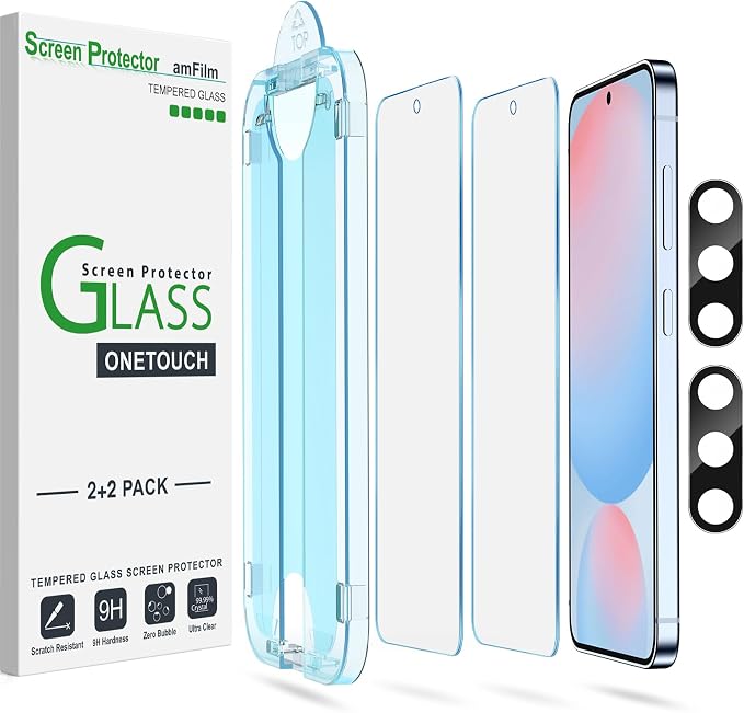 amFilm OneTouch for Samsung Galaxy S24 FE Screen Protector Tempered Glass | Auto-Alignment, 30s Install, Bubble Free, Scratch & Drop Protection, HD Clear, Camera Lens Protector, 2+2 Pack (S24FE-6.7'') by amFilm