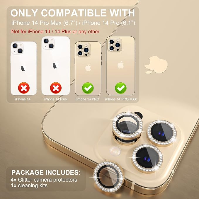 Choiche for iPhone 14 Pro/iPhone 14 Pro Max Camera Lens Protector | Ultra HD, Bling 9H Tempered Glass Camera Cover Screen Protector Metal Ring Decoration Accessories (Diamond-Gold) - Image 2
