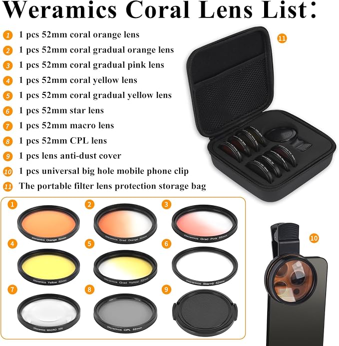 Coral Lens Aquarium Reef Filter Lens Kits for Phone 8 Coral Lenses Kit Including Orange Gradual-Orange Yellow Gradual-Yellow Pink Macro Start and Polarized CPL len - Image 7