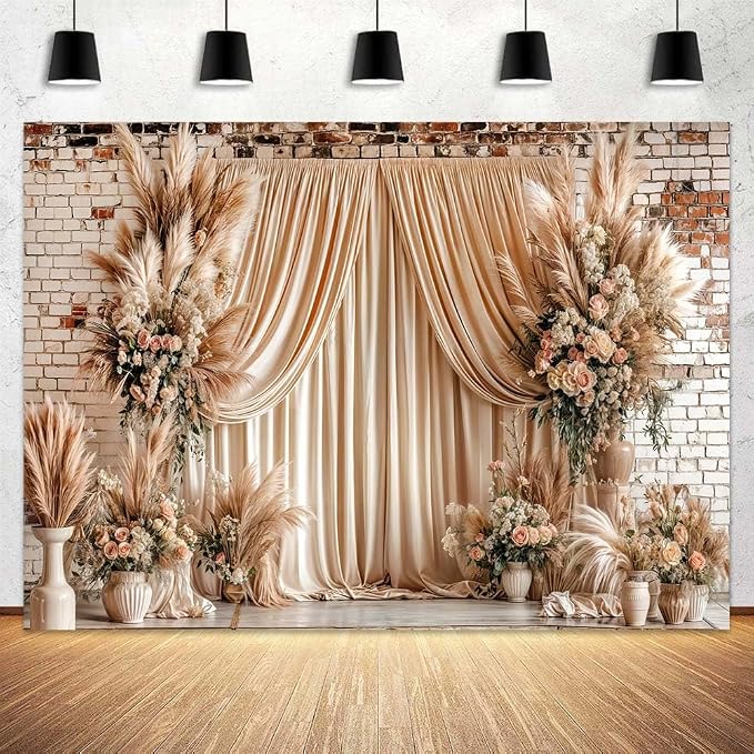 12X10ft Boho Floral Wedding Backdrop Wall Background Photography Beige Vintage Flowers Backdrops for Parties Wedding, Girls Birthday Princess Weeding Bridal Shower Floral Anniversary Ceremony Decor by JAWO