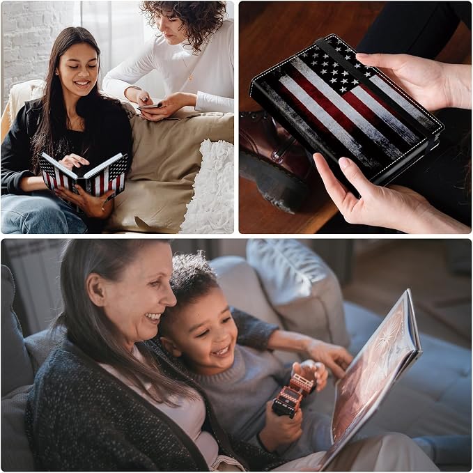 DEGDFSGR Small Photo Album 4x6 60 Pockets 120 Photos - Adventure Book Baby Photo Albums Photo Books for 4X6 Pictures Memory Book with Black Elastic Band for Photo Storage, Vintage American Flag - Image 3