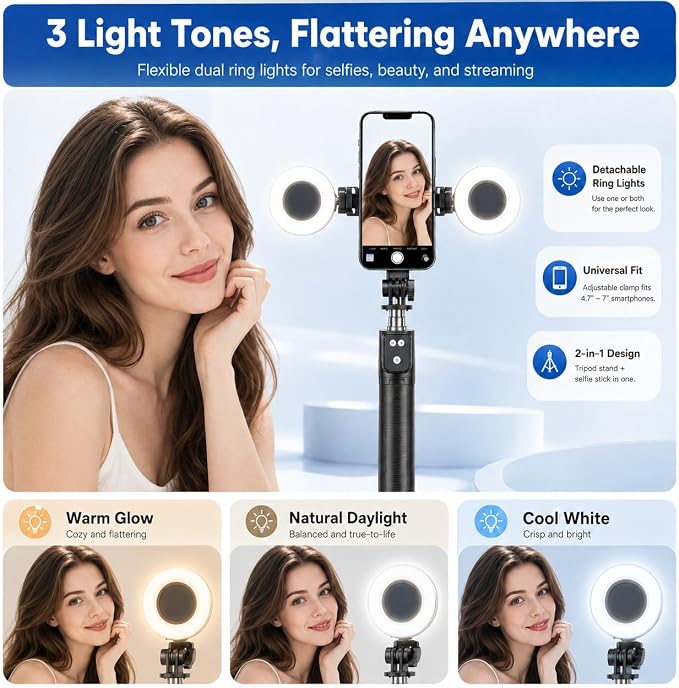 Black Tripod for iPhone with Light, Ring Light Holder for iPhone, Adjustable Selfie Stick Stand with Fill Light, Extendable Phone Tripod for Video Recording, Live Streaming, and Photography - Image 3