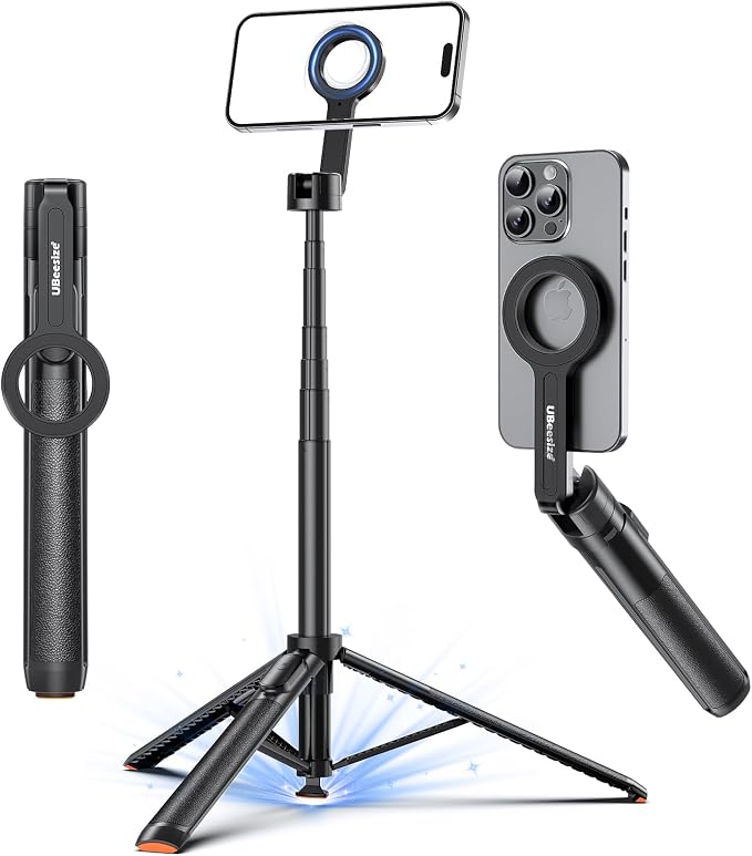 UBeesize 70" Auto-Open Magnetic Tripod for iPhone, MagSafe Selfie Stick with Remote, Portable Phone Stand for Recording, Travel and Vlogging, Compatible with iPhone/Android (Black) by UBeesize