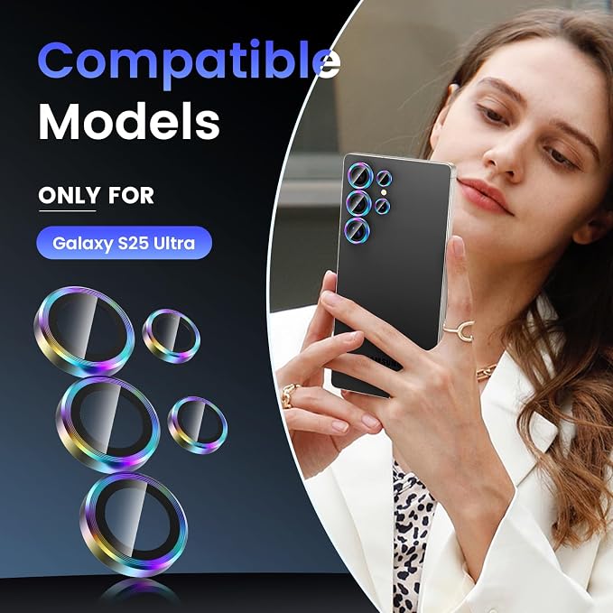 Tensea Compatible with Samsung Galaxy S25 Ultra Camera Lens Protector | 9H Tempered Glass Camera Cover Screen Protector Metal Individual Ring [Installation Tray][Case Friendly] - Image 2