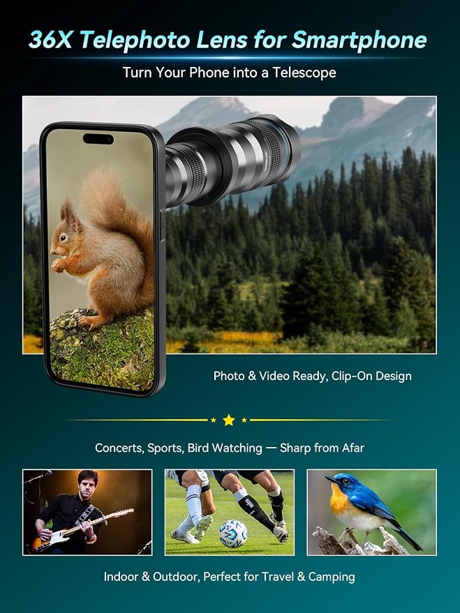 APEXEL 36x Telephoto Lens Compatible with iPhone 15 Pro Max | Photography for Travel, Birdwatching, Exploration | Kit with Sturdy Metal Tripod and Threaded Phone Case - Image 5