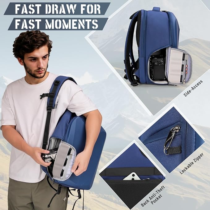 RAINSMORE Camera Backpack Hard Shell for DSLR/SLR Waterproof Camera Bag with Laptop Compartment 15.6 Inch Professional Camera Case with Rain Cover Photography Backpack Bag with Camera Lens Case Blue - Image 4