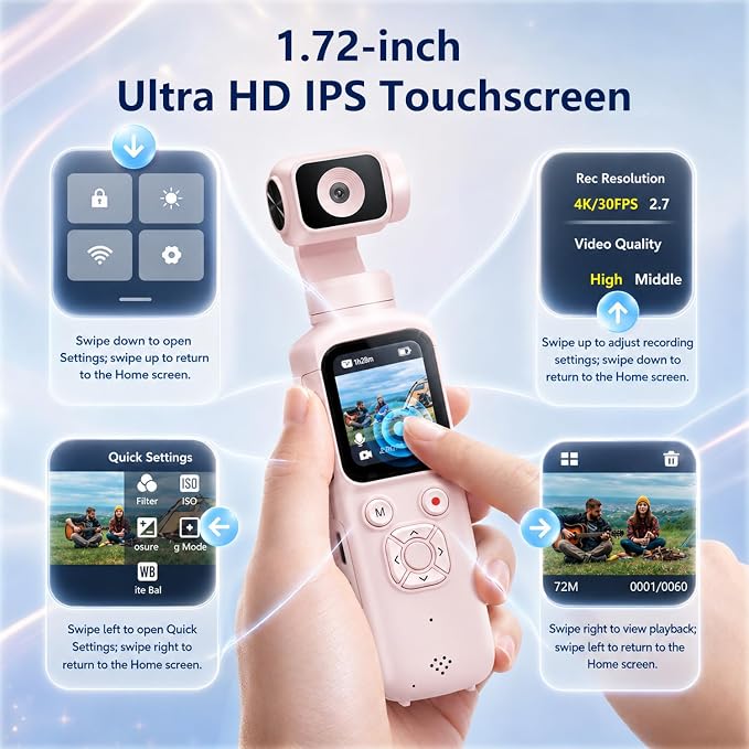 4K Vlogging Camera, Pocket Digital Camera, 330° Rotating Lens | Auto subject framing and WiFi sharing for YouTube, TikTok and travel, includes 16GB card, mini tripod and carrying bag - Image 4