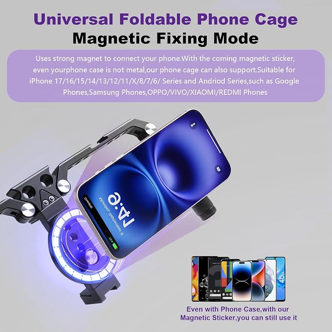OPC01 Foldable Phone Cage Handheld Stabilizer,Foldable Magnetic Smartphone Cage with Handle and Magnetic Sticker for iPhone 17/16/15/14/13/12/11/10 Series and Andriod Phones for Photographer - Image 3