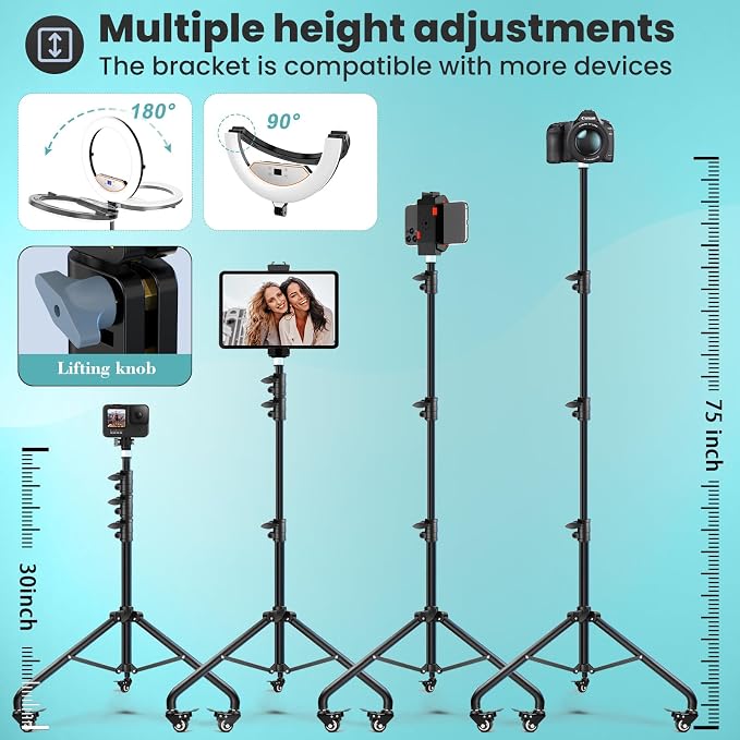 MACTREM 22" Foldable Ring Light with Stand for iPhone ipad, 75" Tripod with Wheels 50W 6500K LED Display/2 USB Ports Large Ringlight Rolling, Tattoo Barber Makeup Studio Video Photography Lighting - Image 6