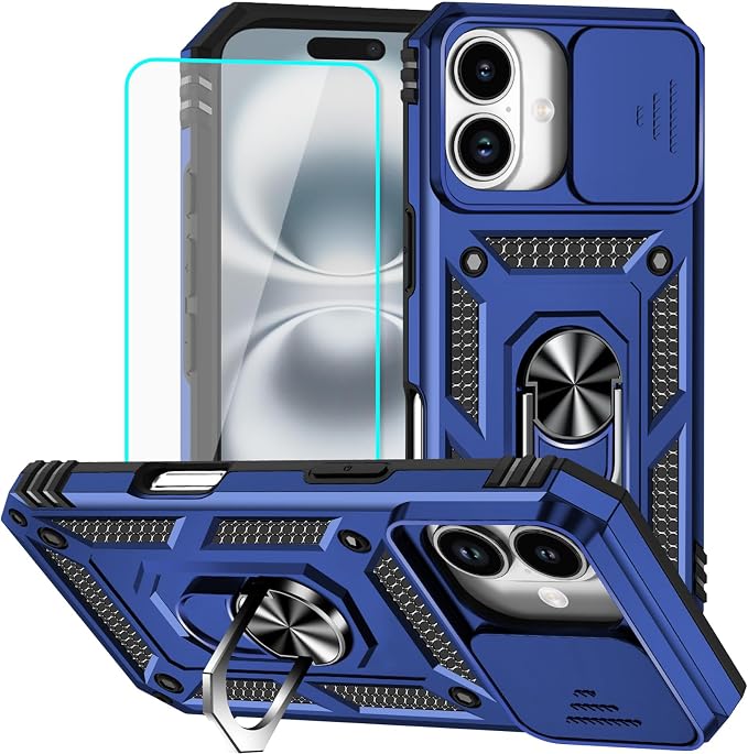 HNHYGETE for iPhone 16 Case with Screen Protector: [Military Grade 20ft. Drop Tested] Slide Camera Cover Ring Shockproof Protective Phone Case for - iPhone 16 (Blue) by HNHYGETE