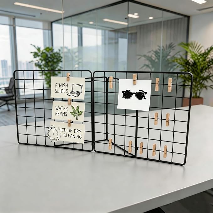 Foldable Desktop Photo Display Rack & Grid Display Board, Fold Flat for Easy Storage with 20 Wooden Clips – Photo, Accessory & Handcraft Display Organizer for Home Office Black - Image 3