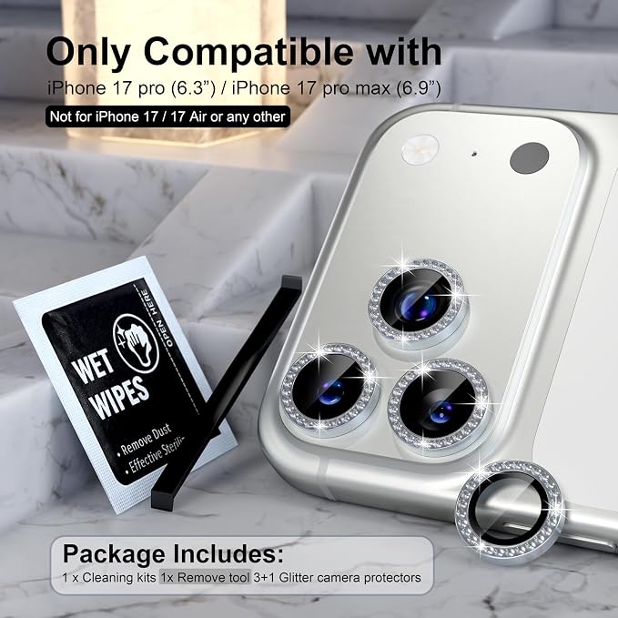 Choiche for iPhone 17 Pro/iPhone 17 Pro Max Camera Lens Protector | Ultra HD, Bling 9H Tempered Glass Camera Cover Screen Protector Metal Ring Decoration Accessories (Diamond-Silver) - Image 2