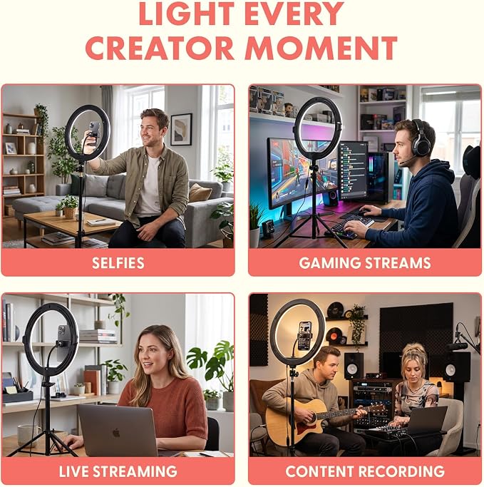 11’’ LED 12W Selfie Ring Light with Wired Control, 3 Color Modes, 10 Brightness Levels, Tripod Stand with 6 Sections, Phone Holder, Adjustable Brightness Levels for Influencers, YouTube, TikTok - Image 6