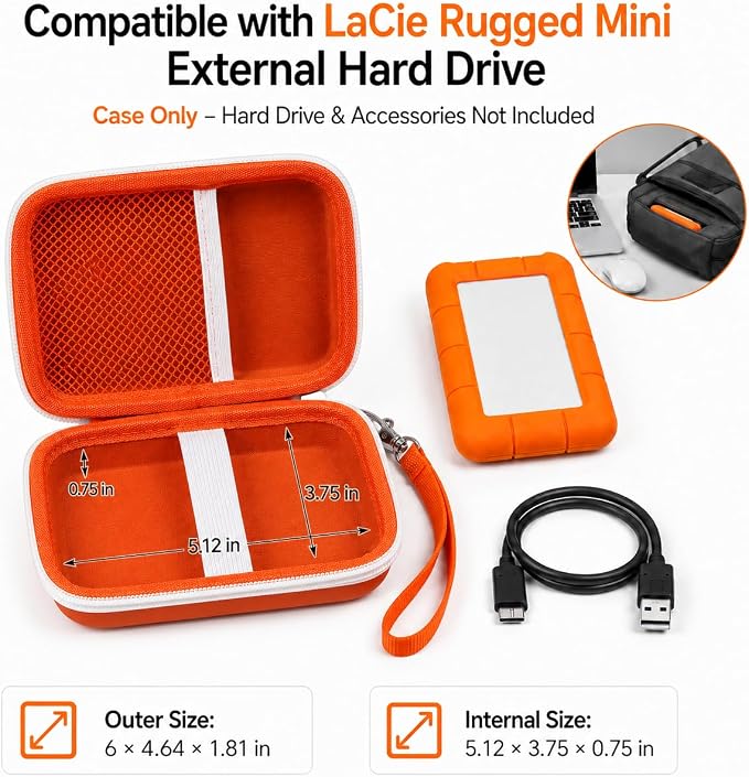 ALKOO Case for LaCie Rugged Mini 1TB/2TB/4TB/5TB External Hard Drive | Portable HDD Holder, Cable Pocket, SD Card Storage, for Photographers, Creators, Students, Office,Travel,Case Only,Tangerine - Image 2