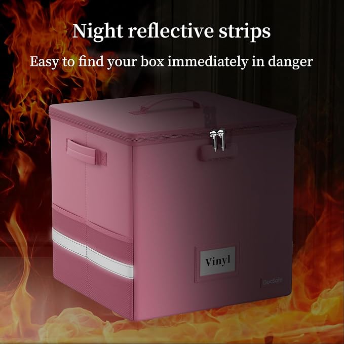 DocSafe Vinyl Record Storage Box with Lock, Fireproof＆Water Resistant Record Organizer for 100+ Single Records(12-inch), Collapsible Storage Crate with Lid&Handles for Valuable Album Collection,Pink - Image 9