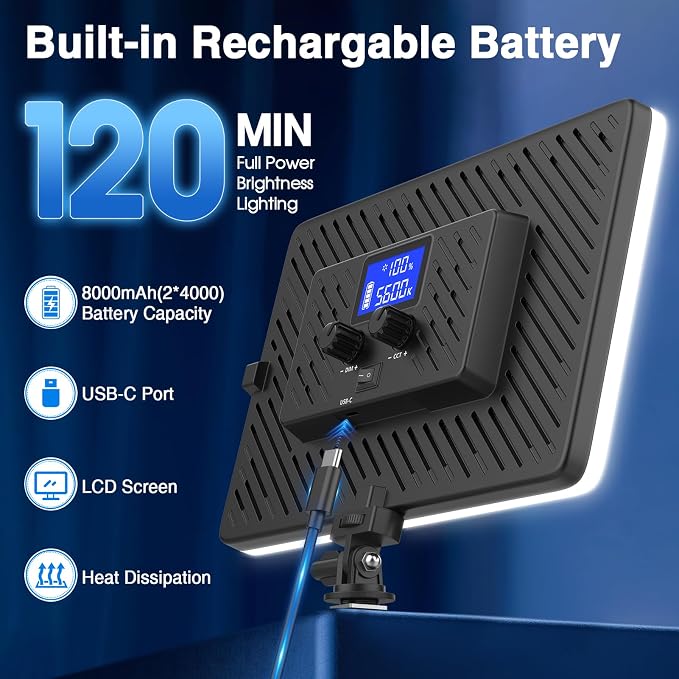 20W LED Video Photography Light Panel, Type C& Built-in 4000mAh | Portable Camera Soft Light, Built-in 4000mAh Battery Type C, 2500K-8500K, For Video Recording Live Streaming, Outdoor Indoor - Image 2