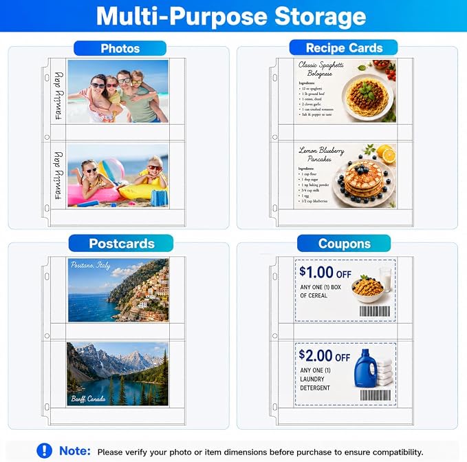 MaxGear 120 Pack 4x6 Photo Sleeves for 3 Ring Binder (480 Picture),2 Pocket | Heavy-Duty Archival Page Protectors, Clear Photo Album Refill Pages, Plastic Postcard Sleeves, Recipe Card Binder Inserts - Image 5